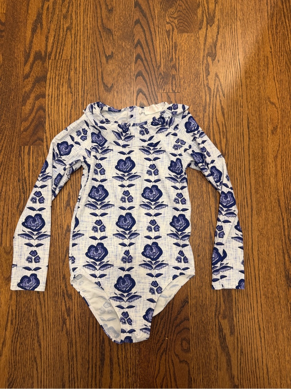 Girls' Long-Sleeve One-Piece Swimsuit in White with Blue Floral Print